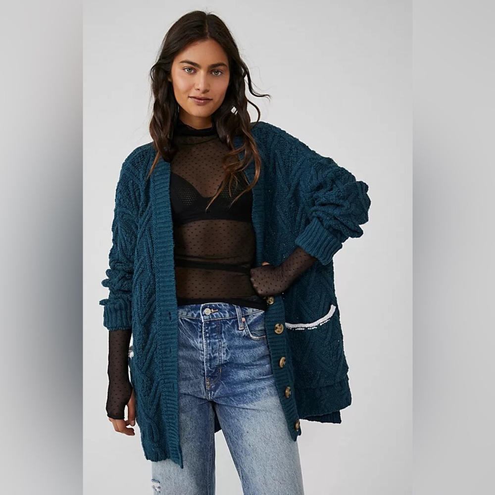 Free People • Montana Cable Knit Cotton Long Cardigan Blue XS